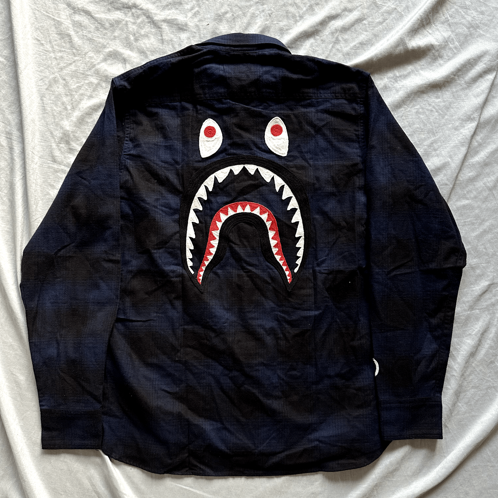 BAPE Check Shark Relaxed Fit Flannel Shirt Navy Size Small