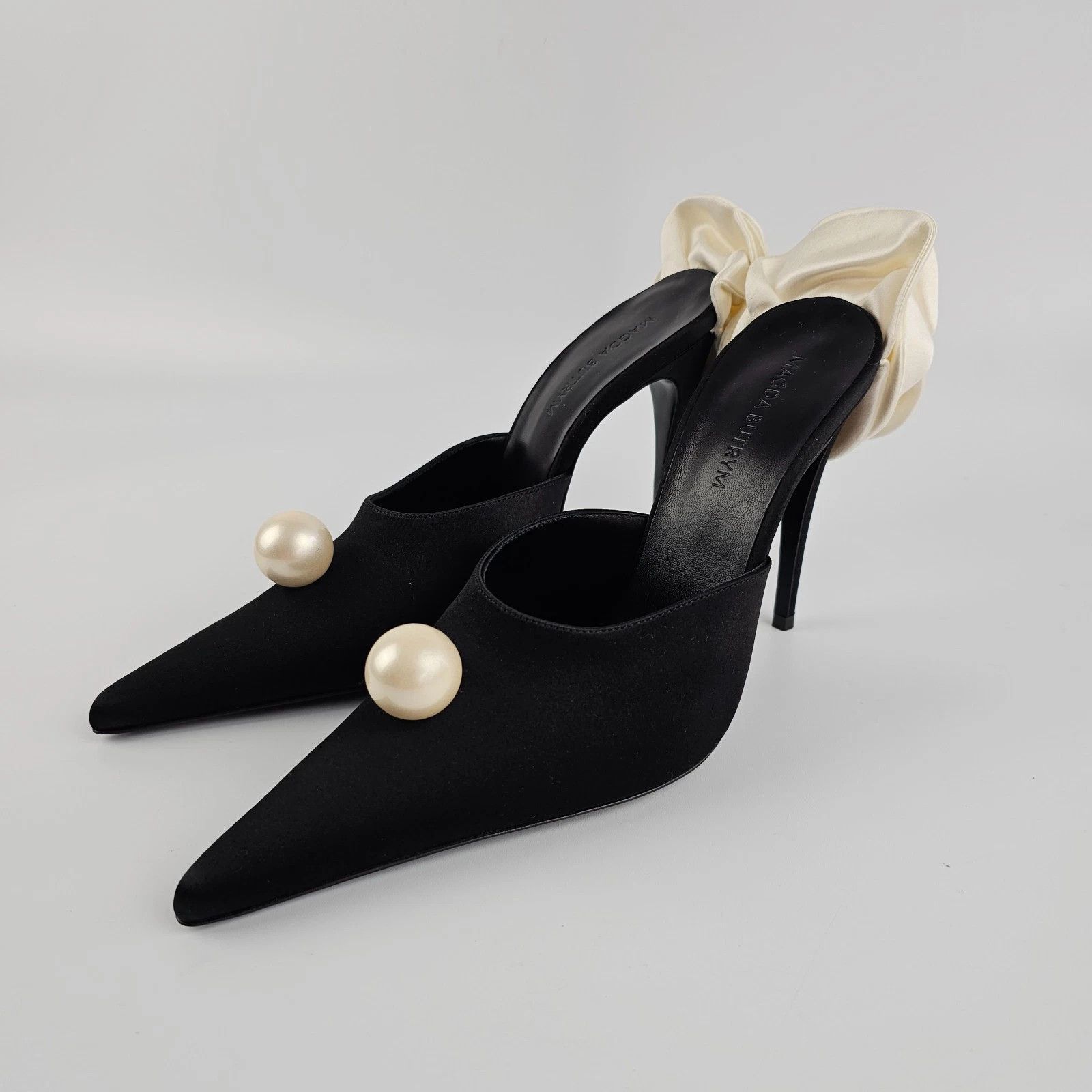 MAGDA BUTRYM Black Satin Flower 110mm Mules New