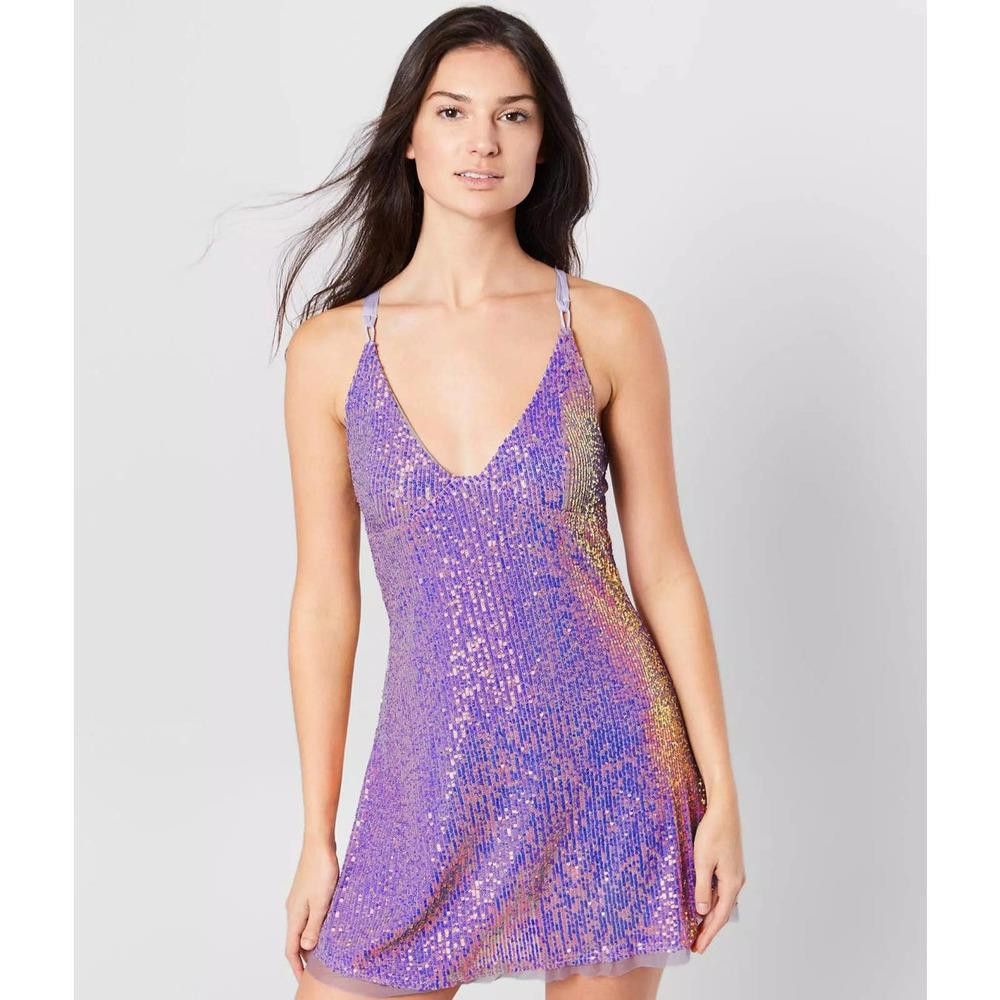 Designer Free People Gold Rush Mini Dress Sequin Lilac Size XS / US 0-2 / IT 36-38 - 3 Thumbnail
