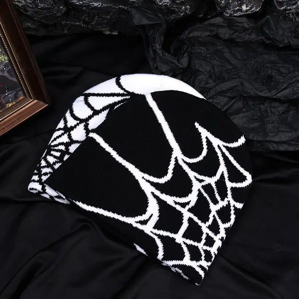 VIBE Goth Spider Web Jacquard Beanie Y2K Size ONE SIZE - 8 Thumbnail
