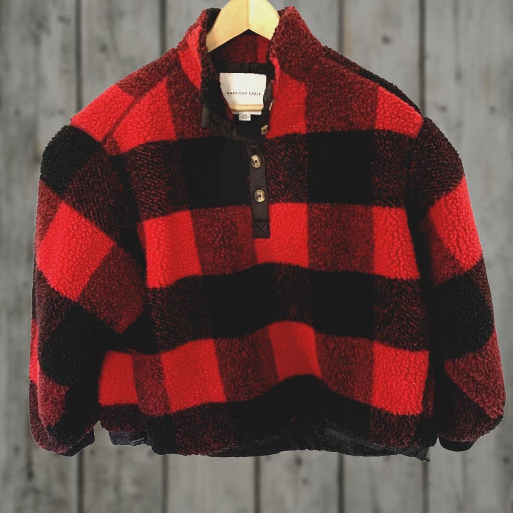 American Eagle Outfitters American Eagle Womens Red Sherpa Fleece Pullover Sweatshirt Relaxed Sz Small Buffalo Plaid Button Size S / US 4 / IT 40 - 1 Thumbnail
