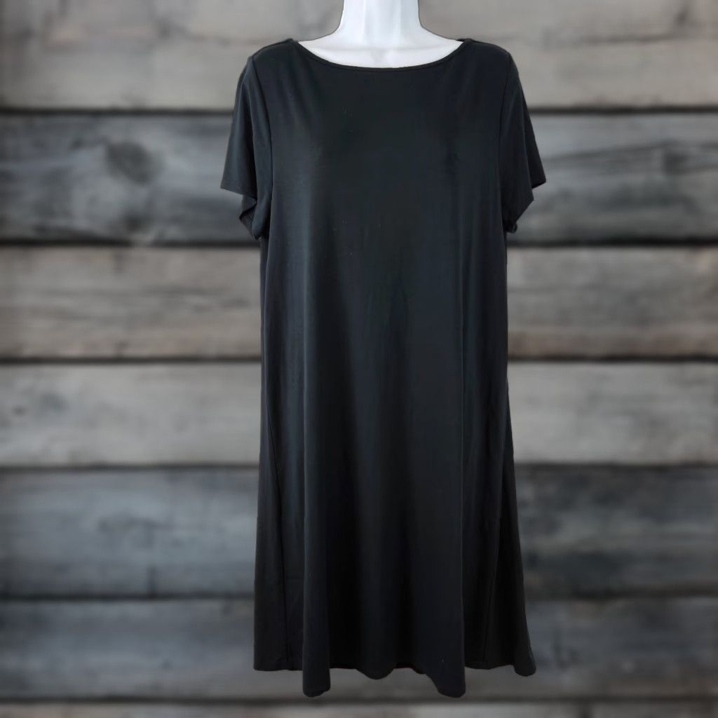 J. Jill J Jill Wearever Collection Dress Womens L Black Short Sleeve Solid Pullover Knee Length Shift Size 36" / US 14 / IT 50 - 1 Thumbnail