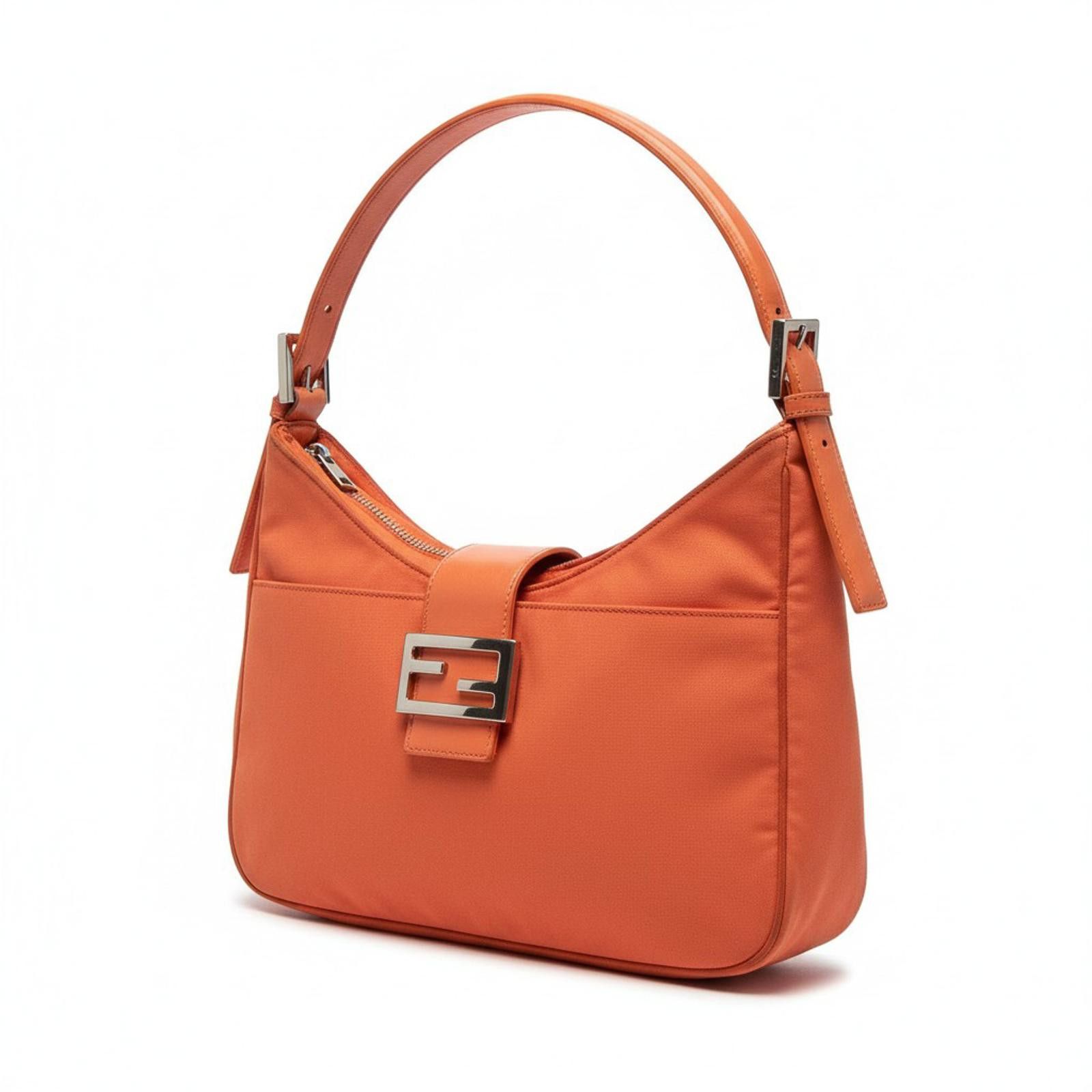 Fendi Fendi - Orange Nylon Leather Shoulder Bag Silver Buckle Size ONE SIZE - 2 Thumbnail