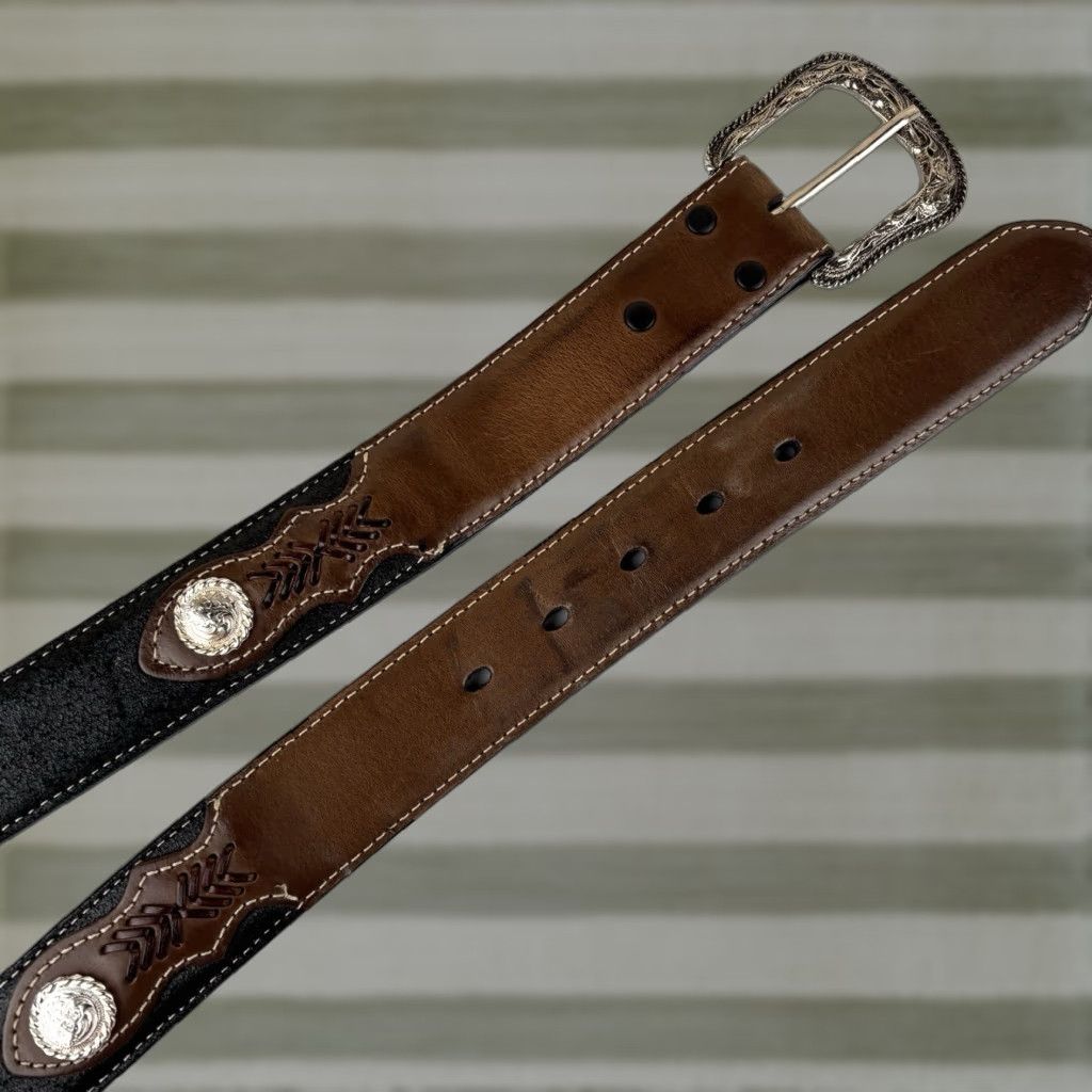 Vintage Nocona Belt Western Belt Mens Black Size 46 Cowboy Rodeo Concho Silver Concho Leather Size 46 - 1 Thumbnail