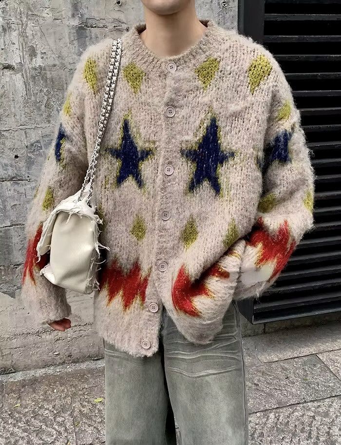 Japanese Brand Retro Patchwork Knitted Star Cardigan Size US M / EU 48-50 / 2 - 1 Thumbnail
