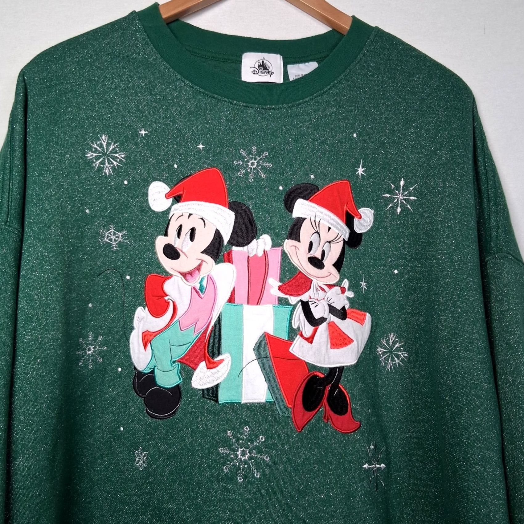 Vintage Disney Parks Authentic Glitter Mickey Minnie Sweatshirt Women Plus Size 3X Green Metallic Cotton Size XXL / US 16-18 / IT 52-54 - 2 Thumbnail