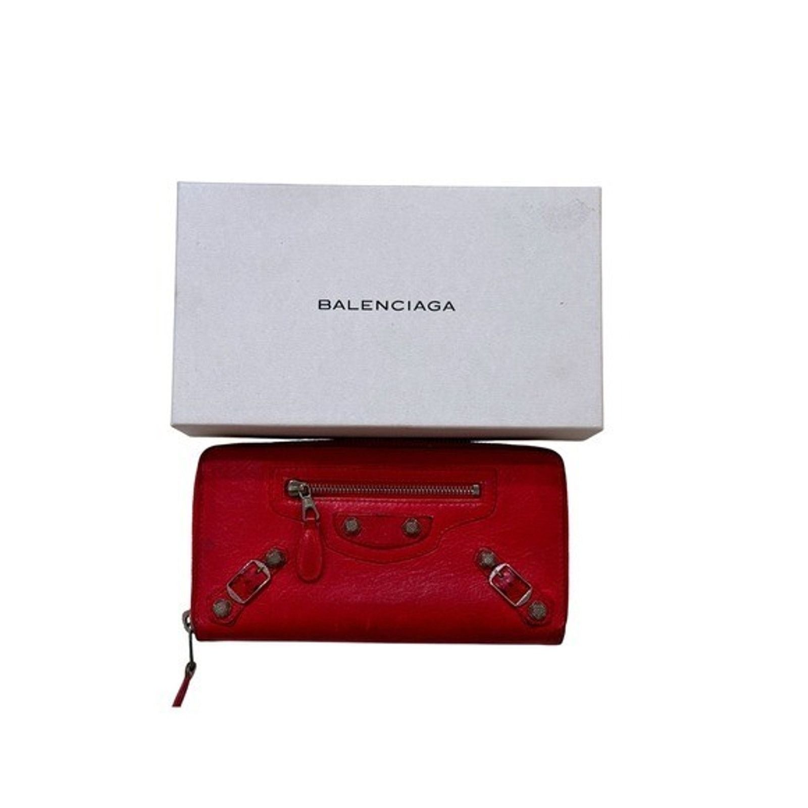 Balenciaga Wallet Women's Red Leather Zip Around City Moto