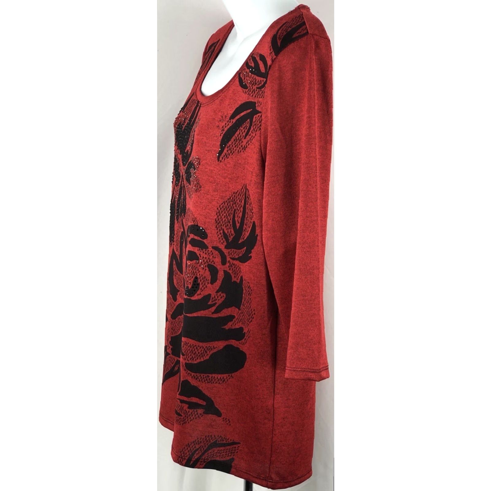 Vintage Onque Pullover Top Red Floral Roses 3/4 Sleeve Beads Whimsigoth Fairy Blouse Women PM XS-XL Size M / US 6-8 / IT 42-44 - 2 Thumbnail