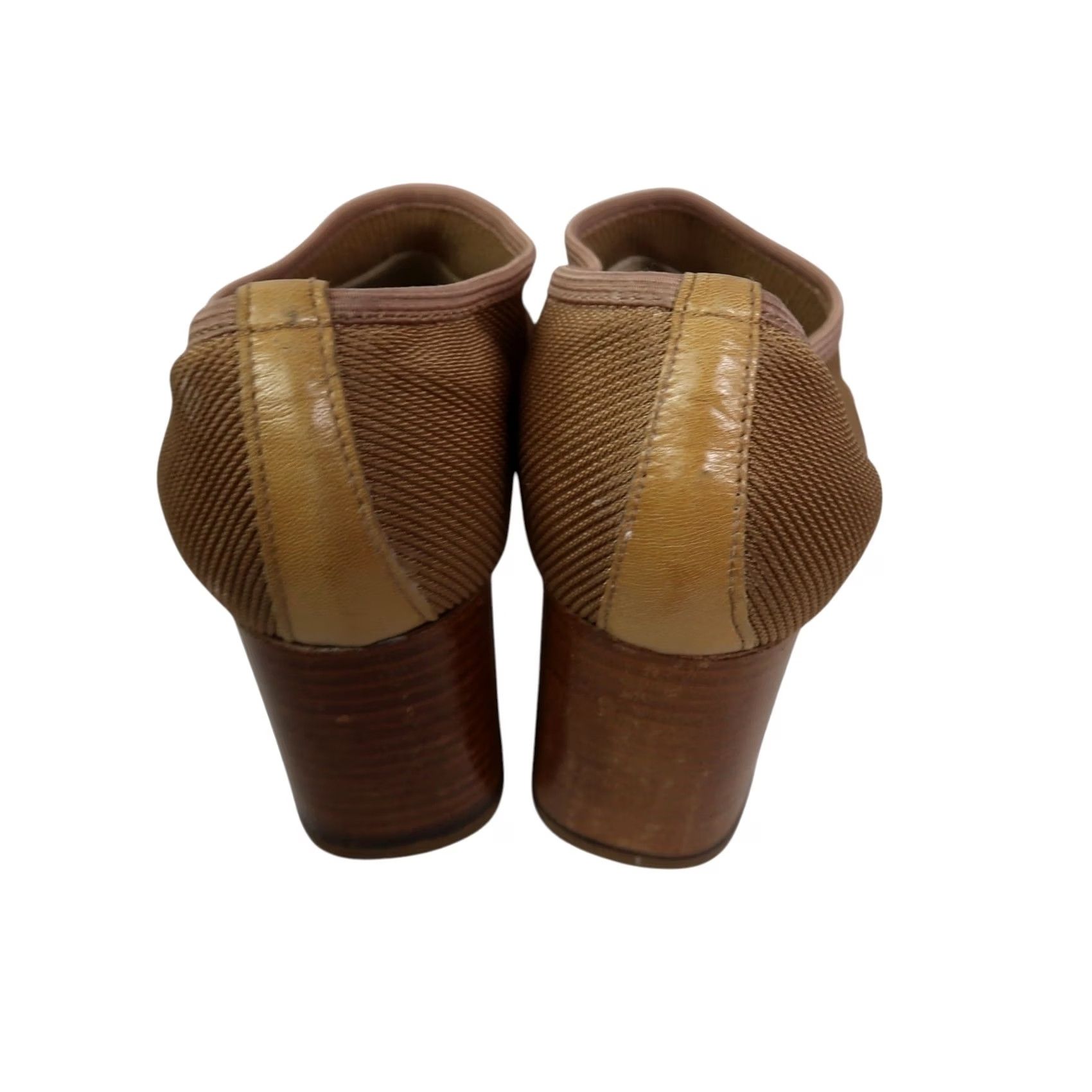 Vintage VINTAGE Larry Stuart Tan Leather and Fabric Cut-Out Heels 7.5 Pump Womens Square Toe 90s Size US 8 / IT 38 - 5 Thumbnail