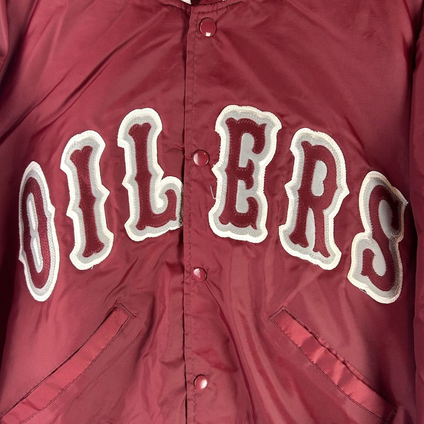 Vintage VINTAGE DeLong Athletic Jacket Oilers Red Made in USA Mens Large 80s 90s Snap Baseball Football Hockey Varsity Jacket Size US L / EU 52-54 / 3 - 2 Thumbnail