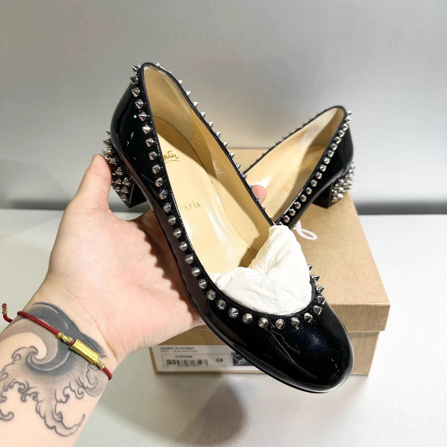 Christian Louboutin CL Black Patent Leather Riveted Flats Size 38 Size US 7 / IT 37 - 9 Thumbnail