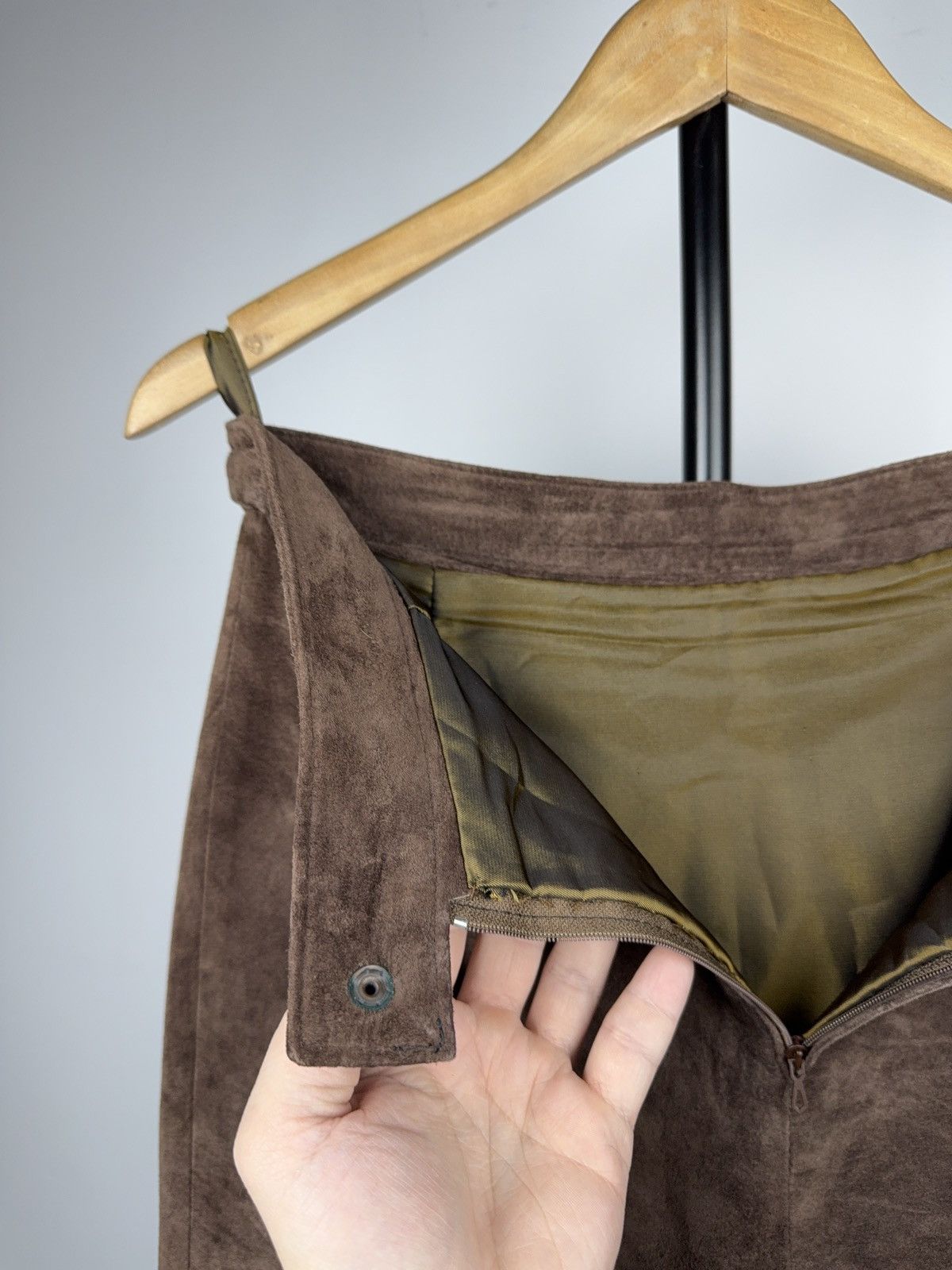 Genuine Leather Avant Garde 90s Y2K Retro Vintage Brown Leather Midi Skirt Size 29" - 10 Thumbnail