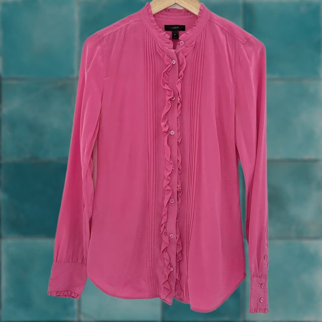 J.Crew J.CREW Ruffle Silk Button-Up Bright Pink Blouse 4 Tall Silk Chiffon Boho Preppy Blouse Women Buttons Tall Pink 4T Size 4 Tall Girls? Size S / US 4 / IT 40 - 1 Thumbnail