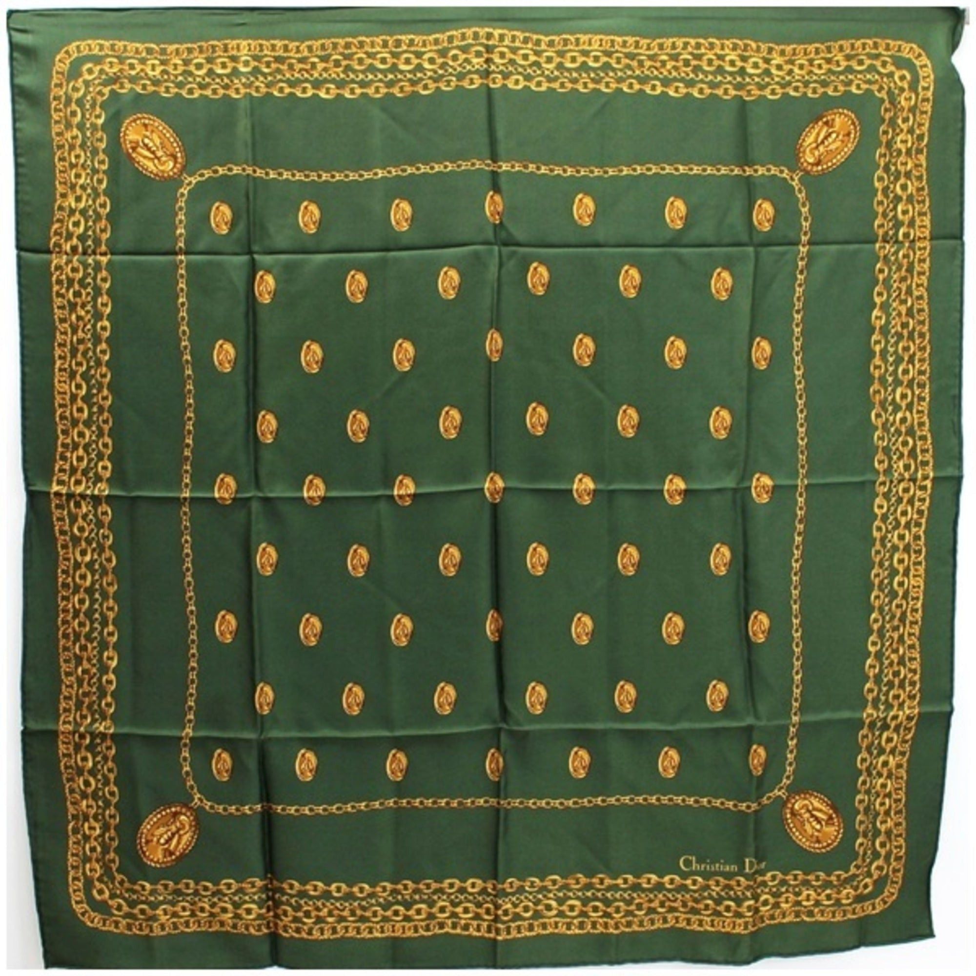 image of Christian Dior Silk Scarf Muffler Green Chain Pattern Women's in Brown