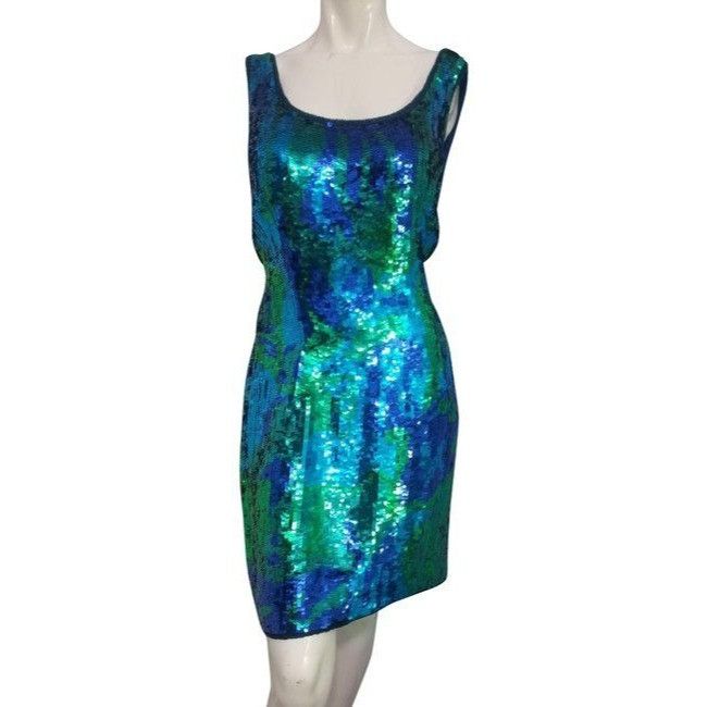 image of Vintage Sequined Beaded Formal Cocktail Dress Size XL By Sean in Blue, Women's