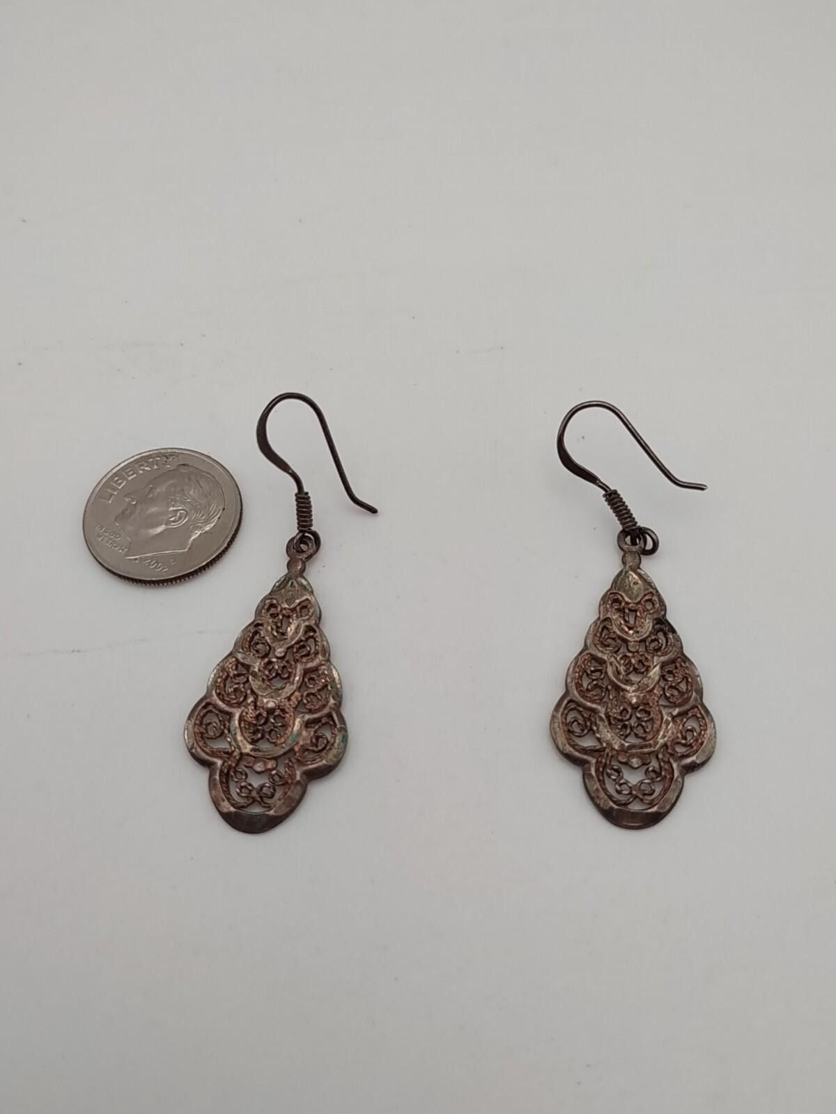 Other Sterling Silver Filigree Dangle Earrings Vintage 925 Size ONE SIZE - 4 Thumbnail