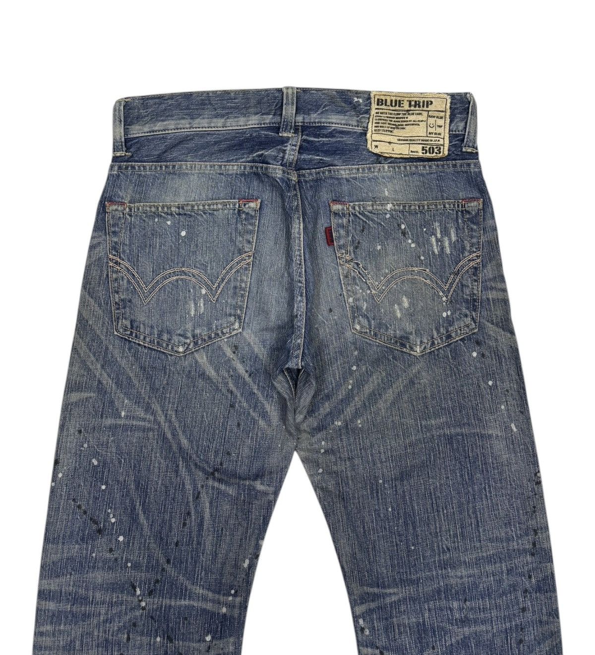 Who Decides War EDWIN 503 BLUE TRIP PAINT SPLATTER DISTRESSED DENIM JEANS Size US 32 / EU 48 - 9 Thumbnail