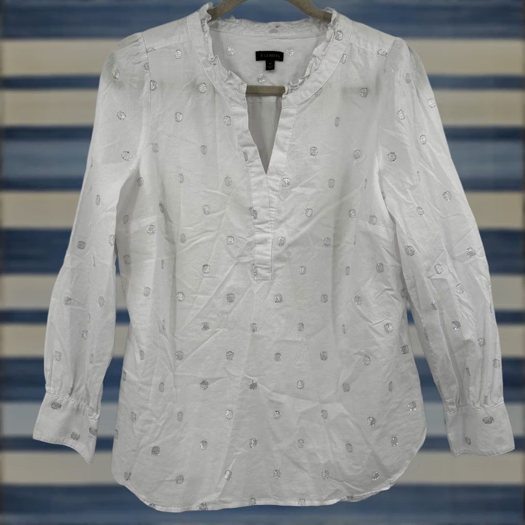Talbots Talbots Womens White Silver Metallic Polka Dot Ruffle Split Neck Blouse M Size M / US 6-8 / IT 42-44 - 1 Thumbnail