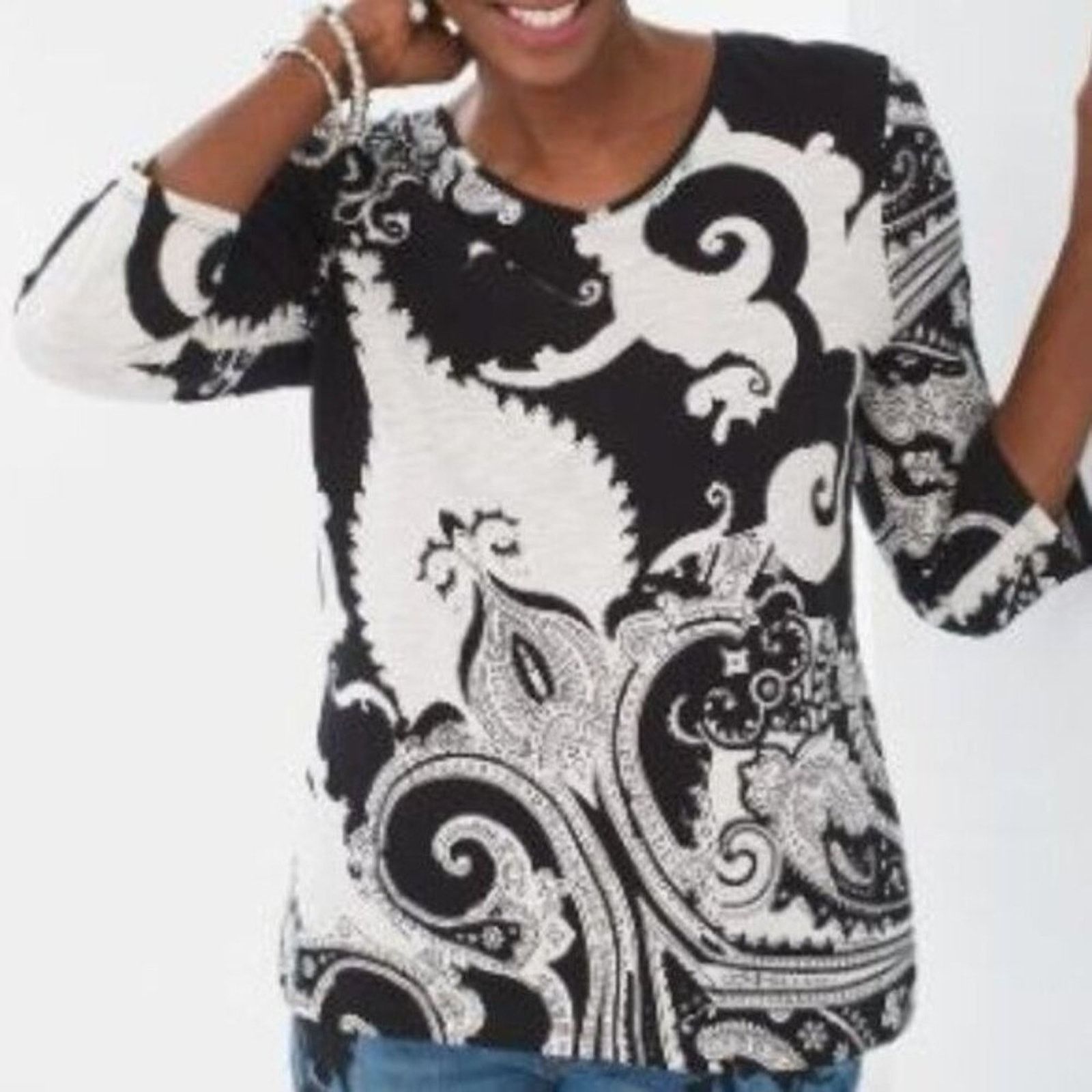 Chicos Chico's Shirt White with Black Paisley Print 3/4 Sleeves XS Size XS / US 0-2 / IT 36-38 - 1 Thumbnail