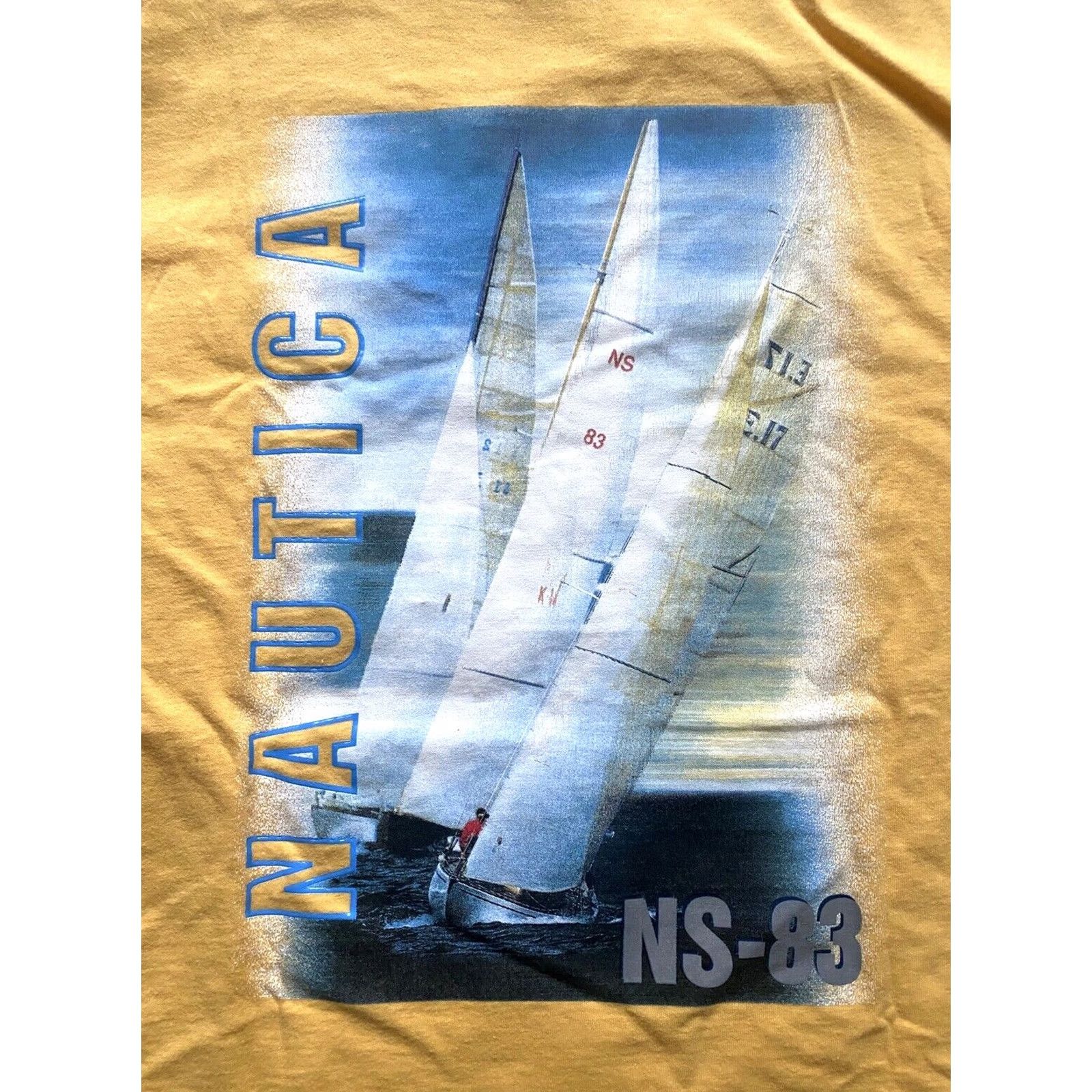 Nautica Nautica NS-83 Men's Vintage 90s T-shirt Double-Sided Crew Neck 100% Cotton Sz L Made in Canada Yellow Sailign Pattern Graphic Print Shirt Ladies? Size US L / EU 52-54 / 3 - 6 Thumbnail