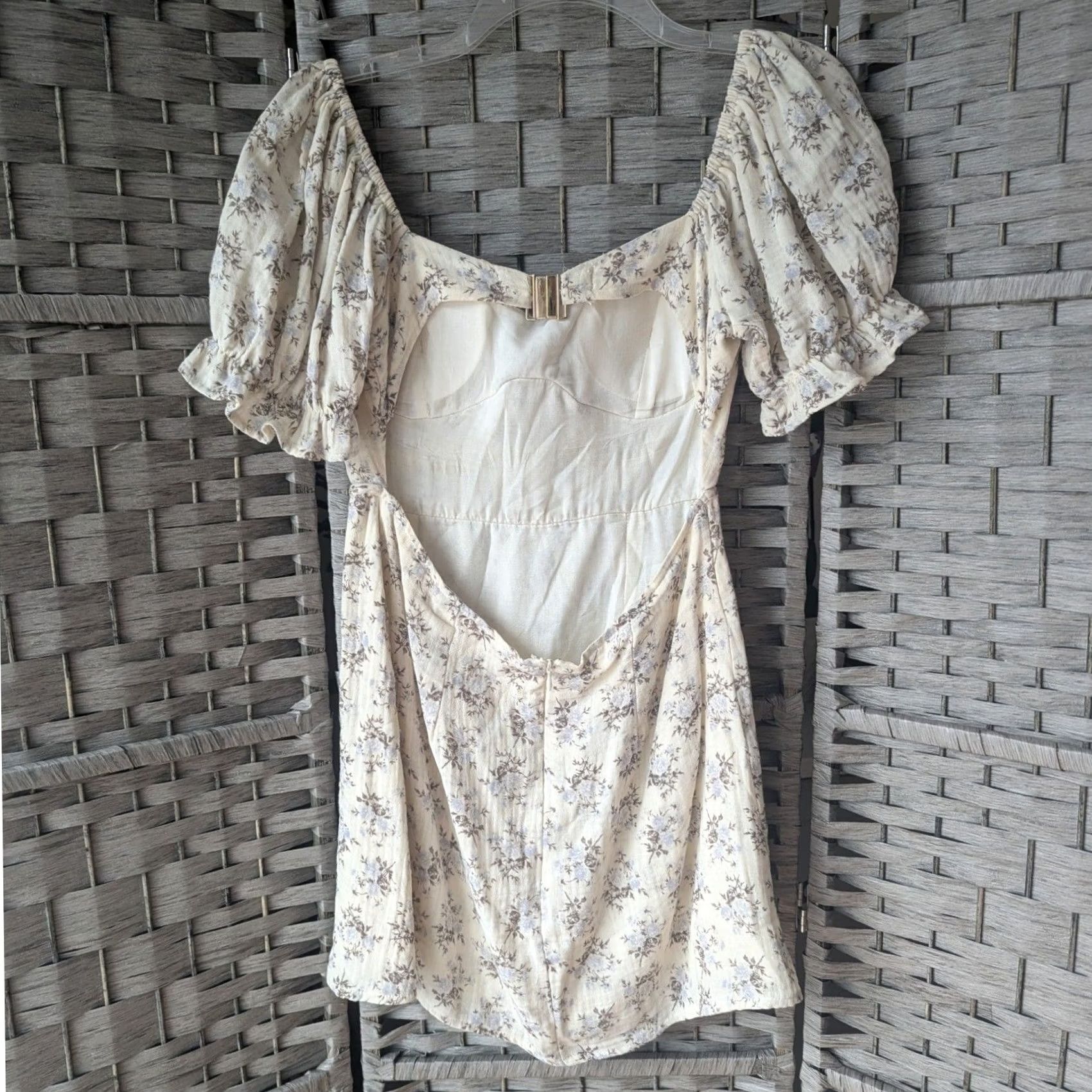 Vintage Cream Floral Bustier Open Back Puff Sleeve Mini Dress Sz L Coquette Fairy Womens Dress Size L / US 10 / IT 46 - 3 Thumbnail