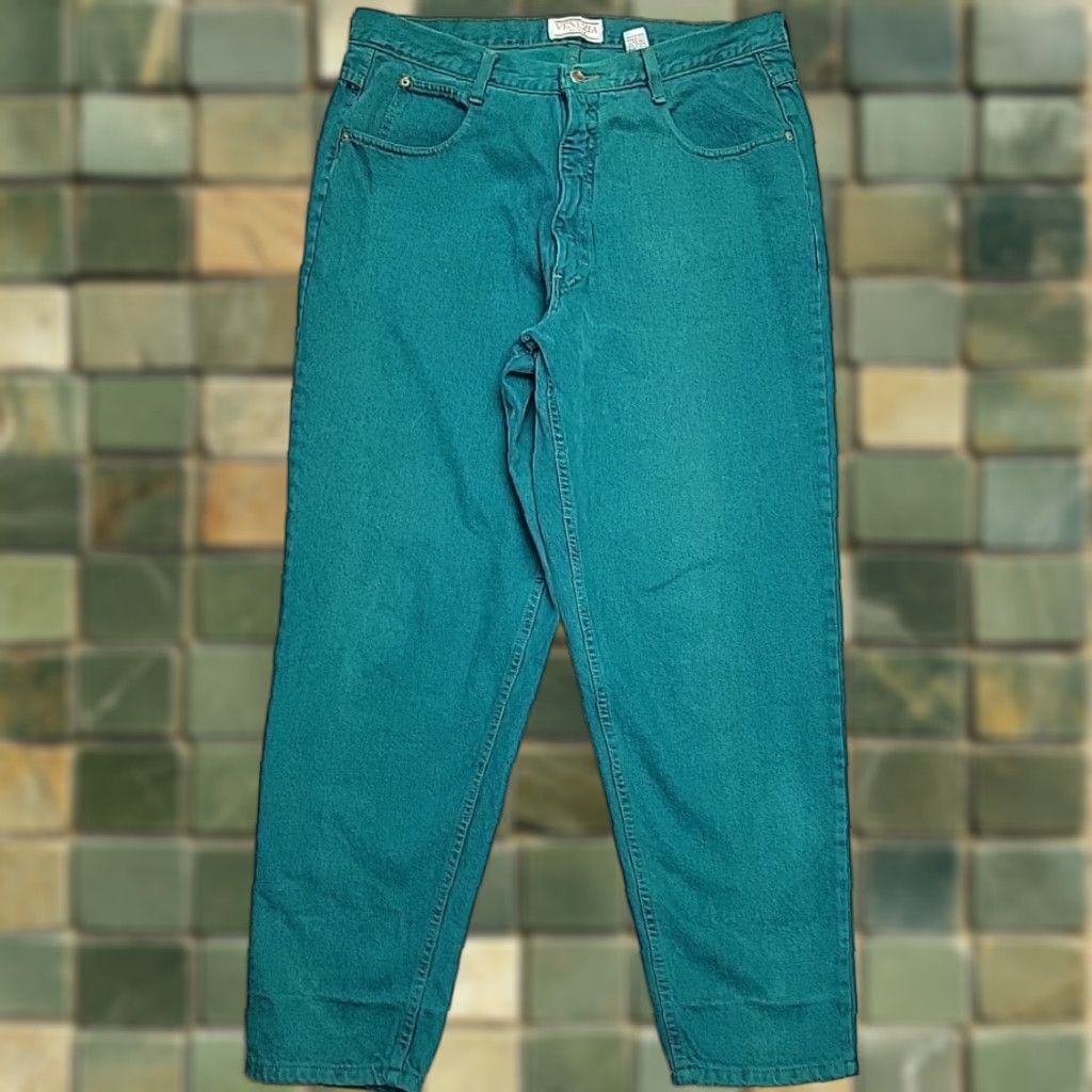 Denime VINTAGE Venezia Vitale Jeans Womens 20 Green Denim 90s Retro Y2K Cotton Made in USA Woman Jeans Green 90s Retro Satin? Size 42" / US 20 - 1 Thumbnail