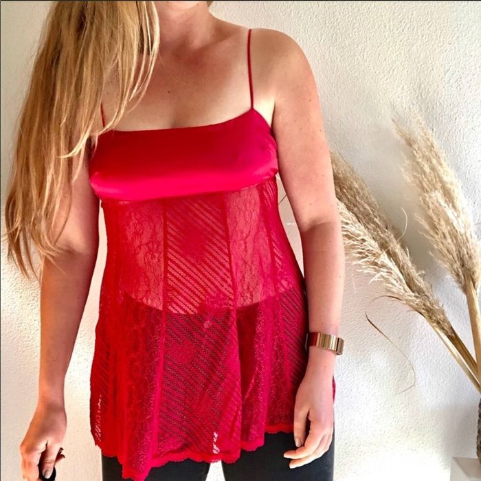 Victoria's Secret Victoria’s Secret Red Sheer Satin Lace Babydoll Tank