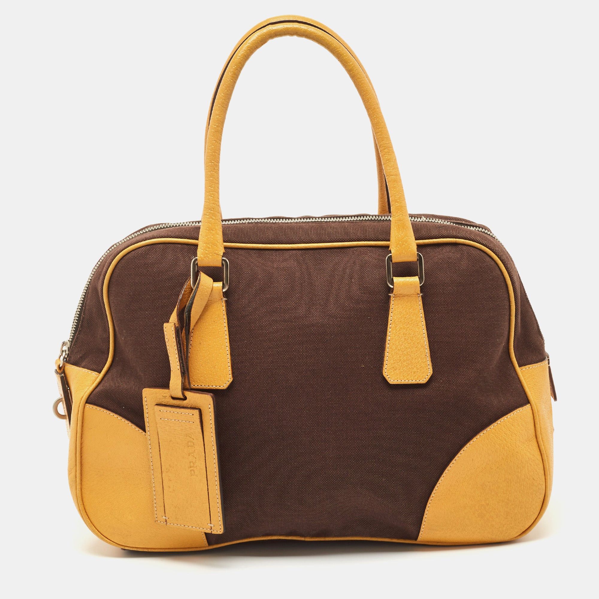 image of Prada Yellow/brown Canvas And Leather Boston Bag, Women's