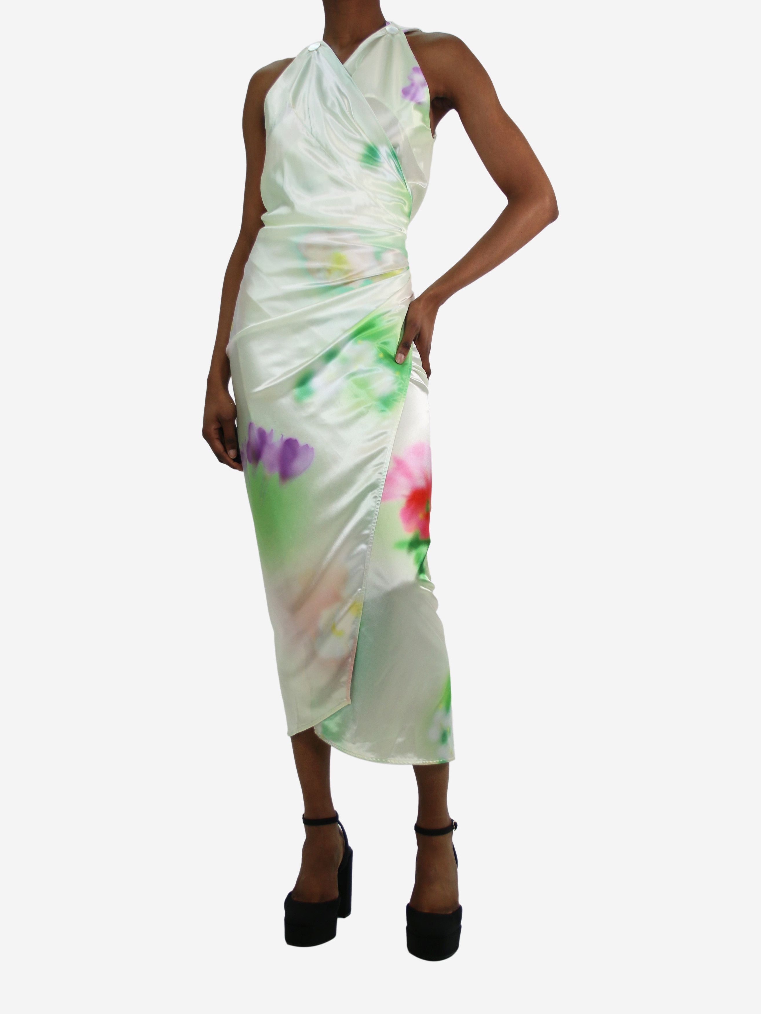 image of Samuel Gui Yang Green Sleeveless Satin Printed Wrap Dress - Size Uk 6, Women's