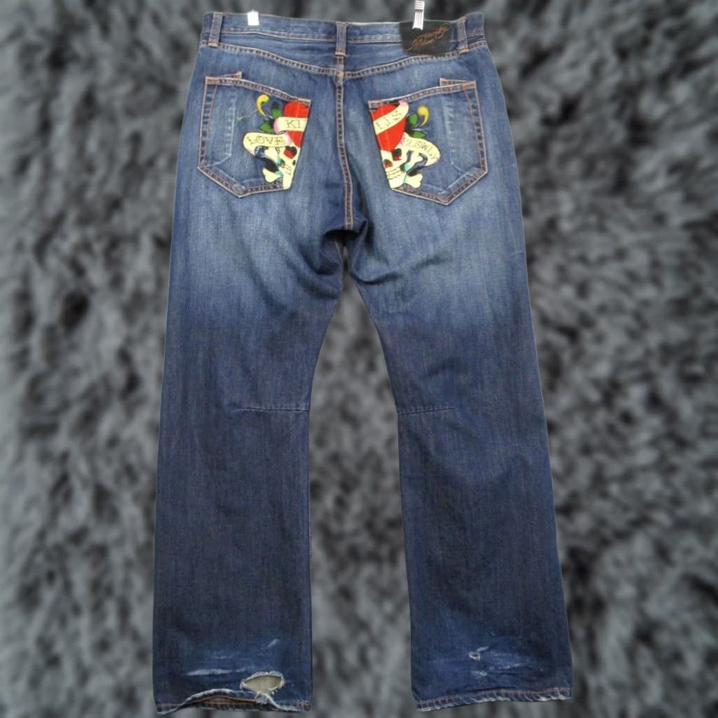 Ed Hardy VINTAGE Ed Hardy by Christian Audigier Jeans 38 Blue Embroidered Love Kills Slowly Mens Size US 38 / EU 54 - 1 Thumbnail
