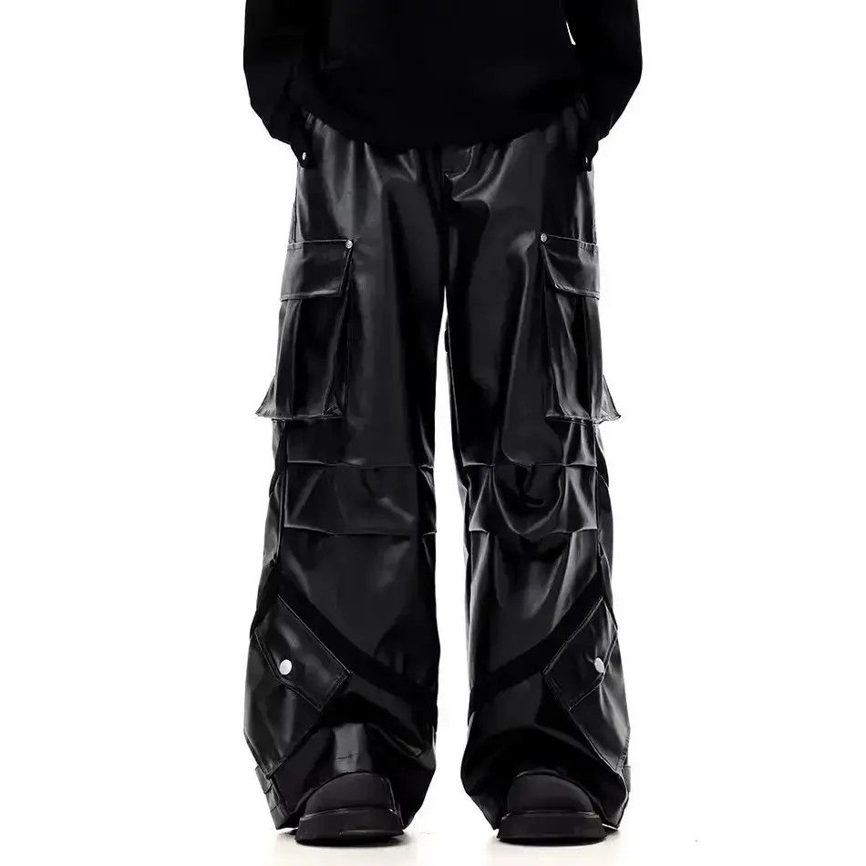 Black Baggy Cargo PU Leather Jeans