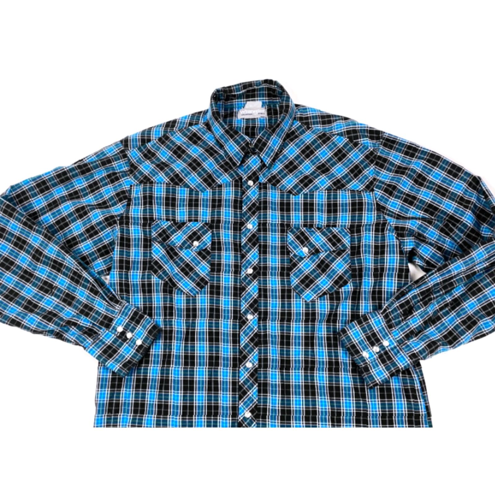 Wrangler VINTAGE Wrangler Wrancher Blue Black Plaid Western Shirt Men 2XL Pearl Snap Button Casual Workwear Cotton Blend Pockets Long Sleeve Size US XXL / EU 58 / 5 - 3 Thumbnail
