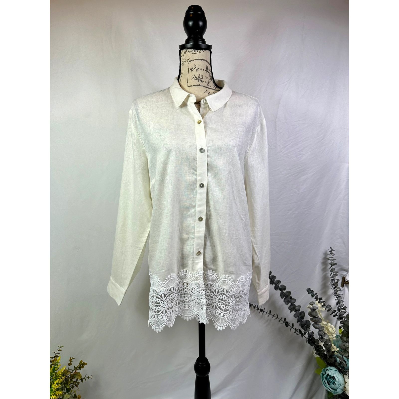 Other Susan Graver Cross-Dyed Linen Blend Button Shirt Cream M Size M / US 6-8 / IT 42-44 - 3 Thumbnail