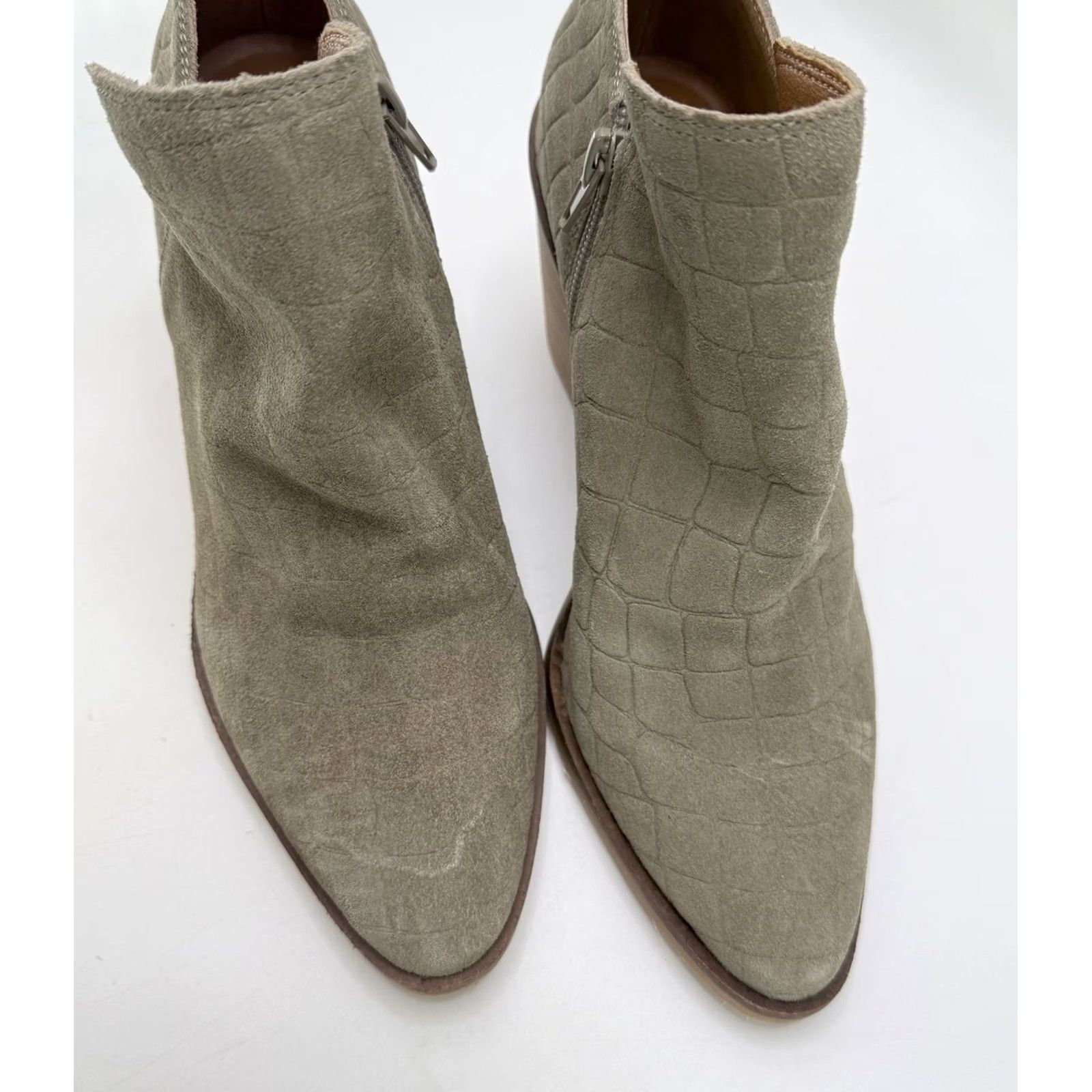 Lucky Brand Lucky Brand Tie Womens Khaki Green Ankle Leather Upper Croc Heeled Booties Saucie Size US 7 / IT 37 - 2 Thumbnail