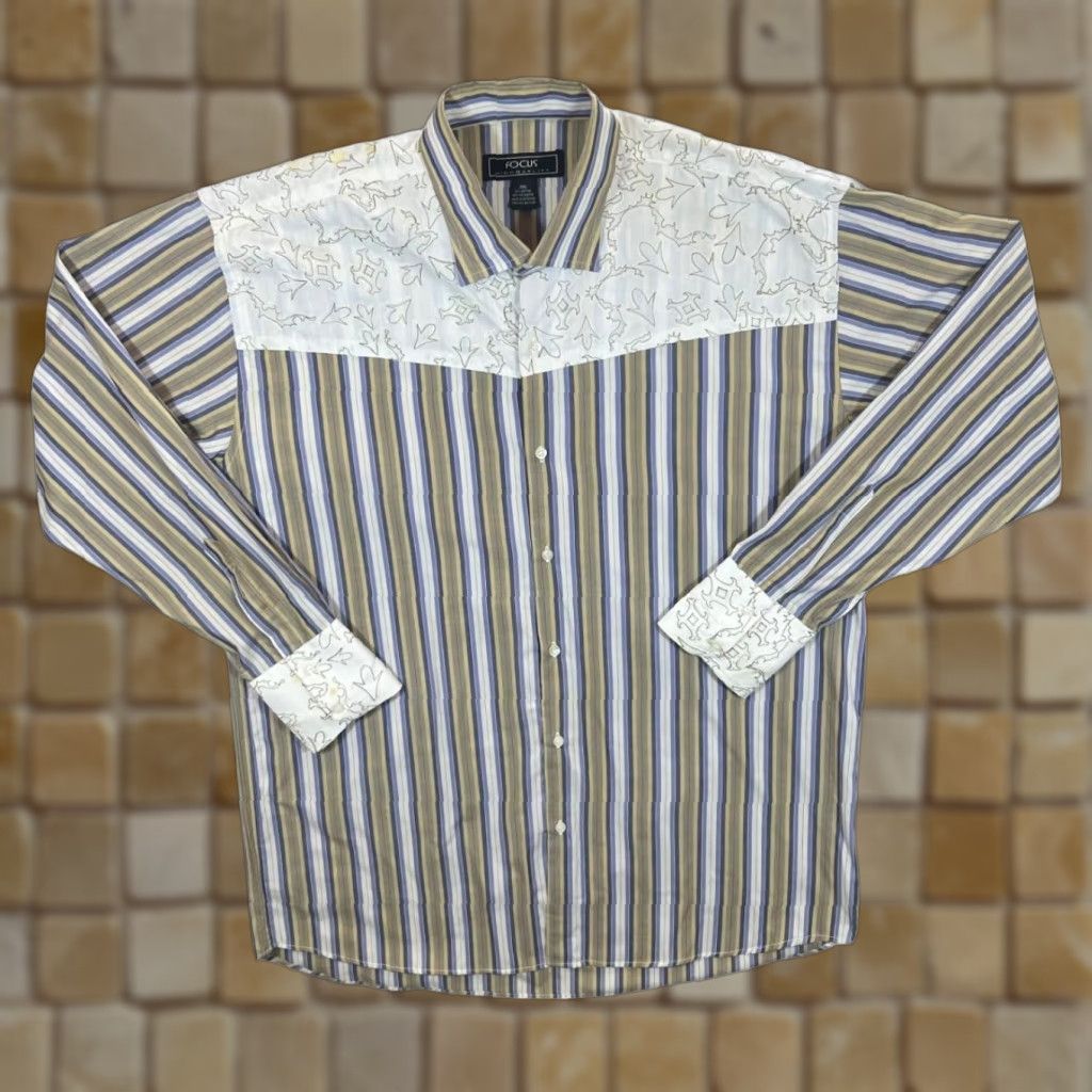 Vintage Focus Western Style Striped Long Sleeve Shirt 3XL Mens Multicoloured Brown/Blue/White Patterned Button-Up Shirt Size US XXL / EU 58 / 5 - 1 Thumbnail