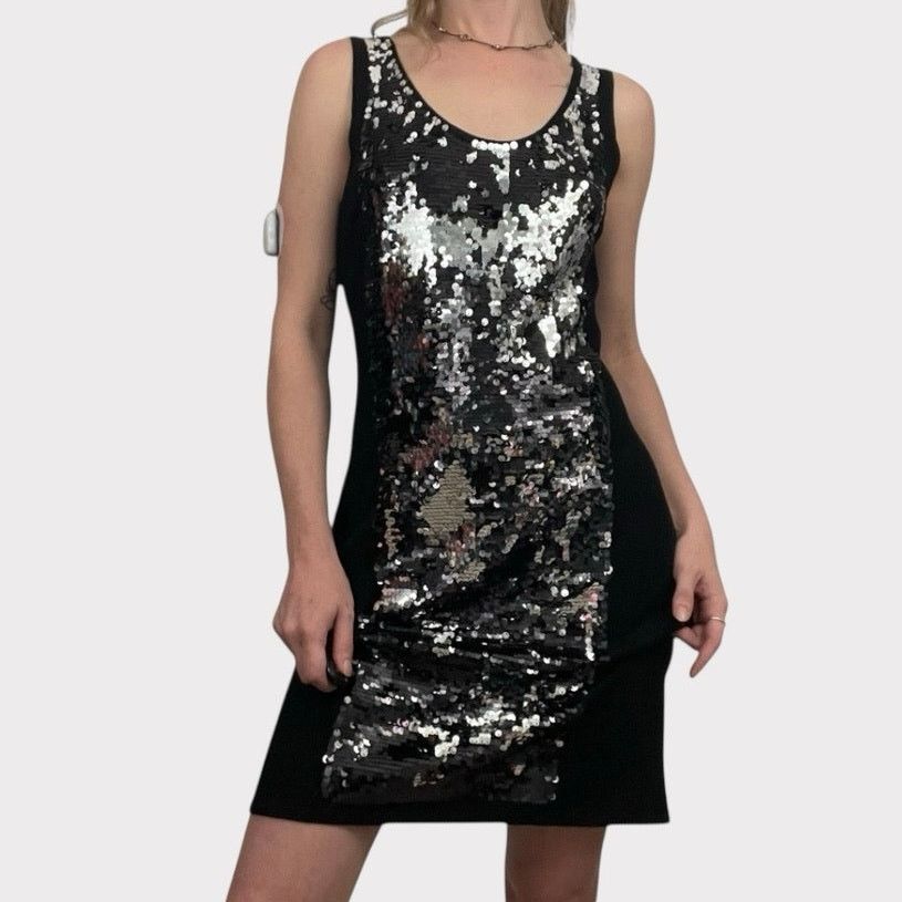 Vintage Yoana Baraschi Vtg Black & Silver Sequin Bodycon Mini Dress Size L / US 10 / IT 46 - 1 Thumbnail