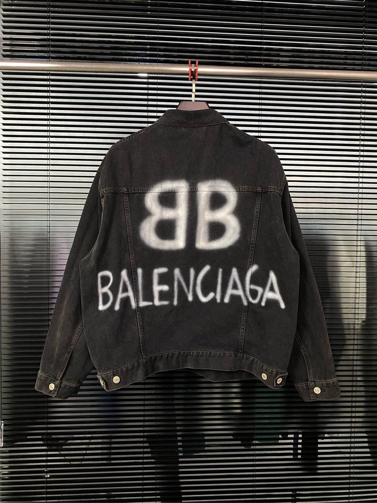 Balenciaga denim jacket with lapel buttons spray painted graffiti