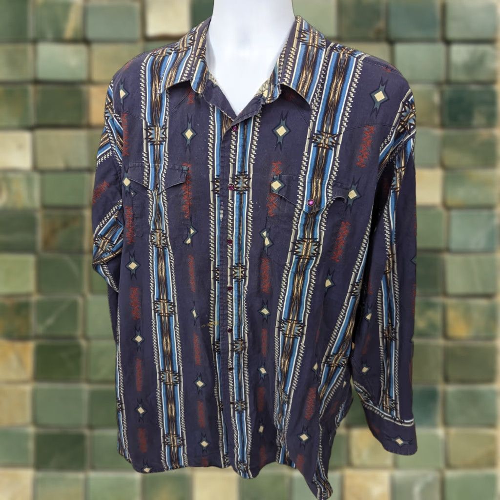 Vintage VINTAGE Panhandle Slim Southwestern Aztec Pearl Snap Long Sleeve Shirt 2XL Blue Mens XXL L7S Size US XXL / EU 58 / 5 - 1 Thumbnail