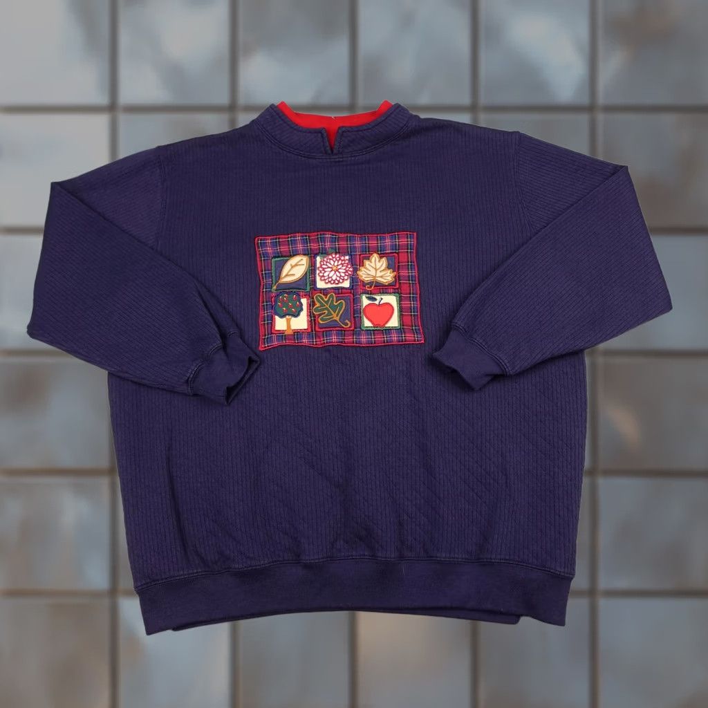 Vintage VINTAGE Baxter & Wells Sweater 1X Blue Plaid Fall Leaves Appliqué 90s Pullover Womens Size XL / US 12-14 / IT 48-50 - 1 Thumbnail
