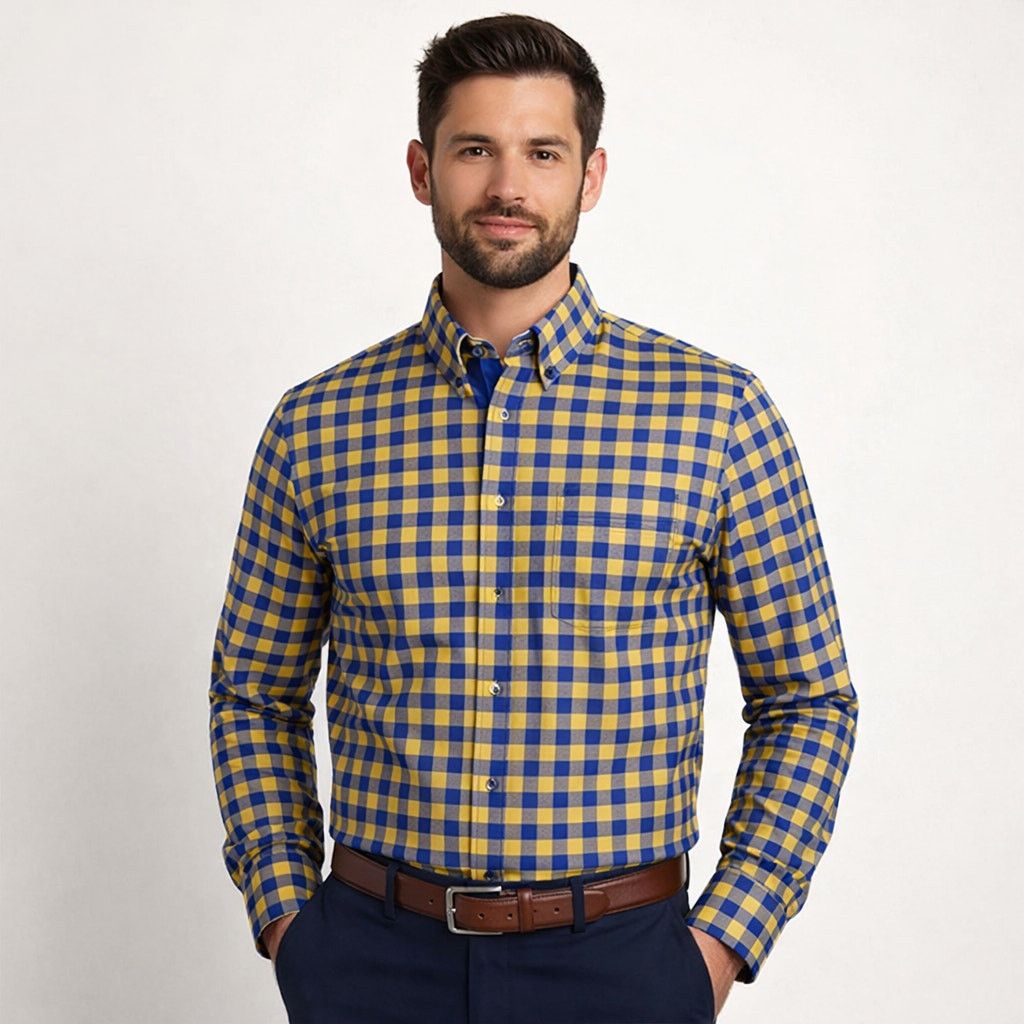 Paul Fredrick Paul Fredrick Blue Yellow Gingham Dress Shirt 16.5 x 32 Size US XS / EU 42 / 0 - 1 Thumbnail