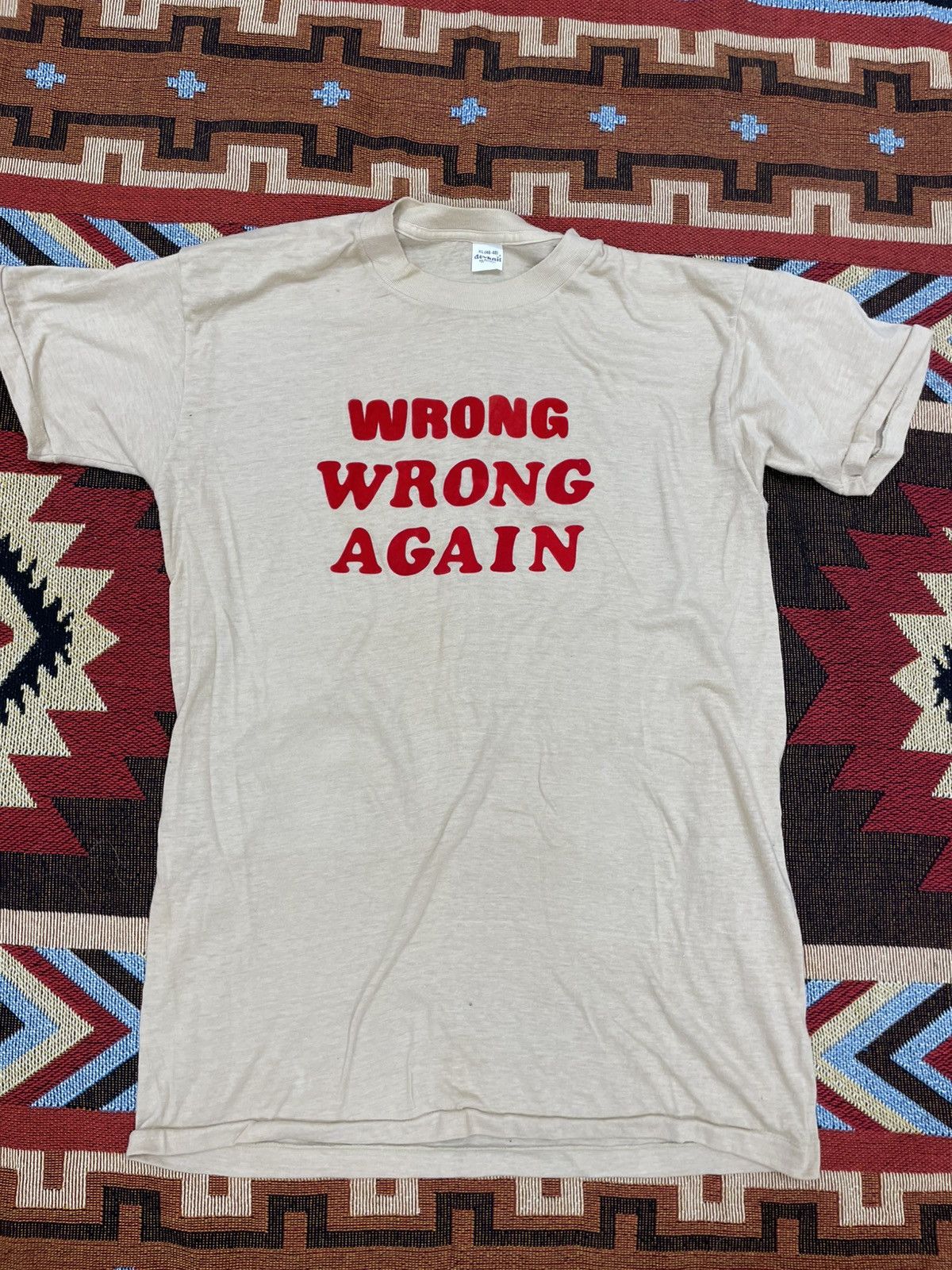 Vintage *RARE* Vintage 70s WRONG WRONG AGAIN FUNNY T-SHIRT Size US XL / EU 56 / 4 - 1 Thumbnail