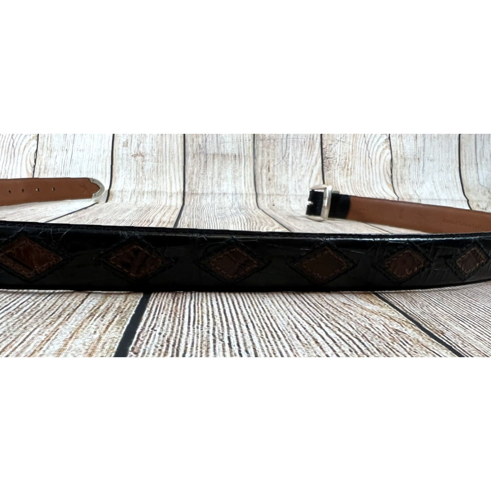 Vintage Tundra Belt Men Dress Belt Leather Italian Croco Calfskin Black Embellished Adjustable Buckle Size 44 Mens Black Size 44 - 6 Thumbnail