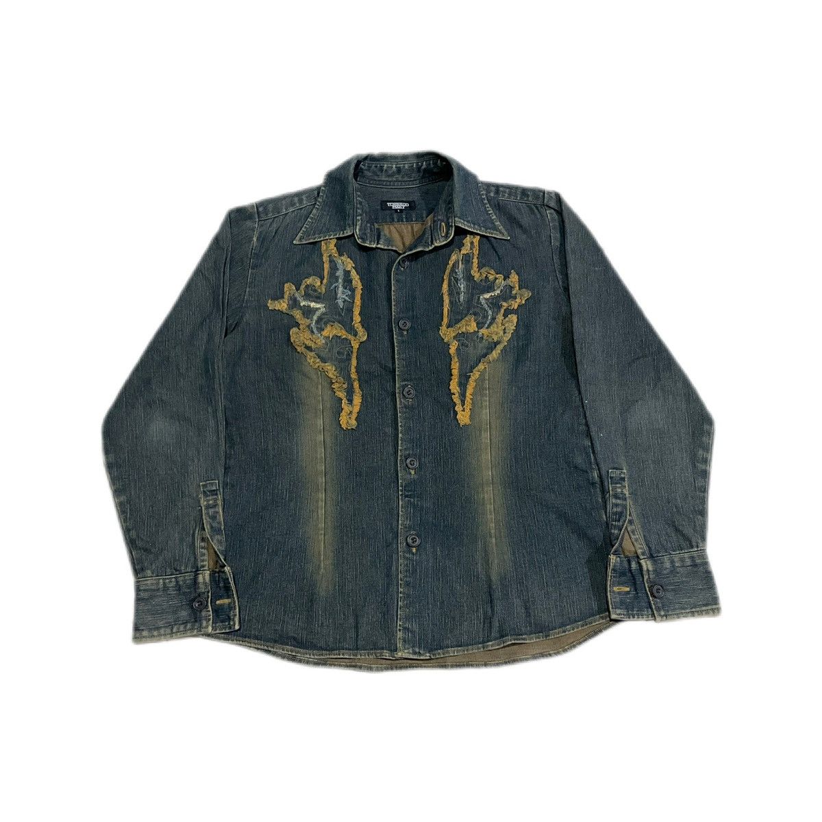 If Six Was Nine × Japanese Brand × Tornado Mart 🔥Y2K Archived Tornado Mart Tribal Denim Shirt Mud Wash Fray Size US L / EU 52-54 / 3 - 2 Thumbnail