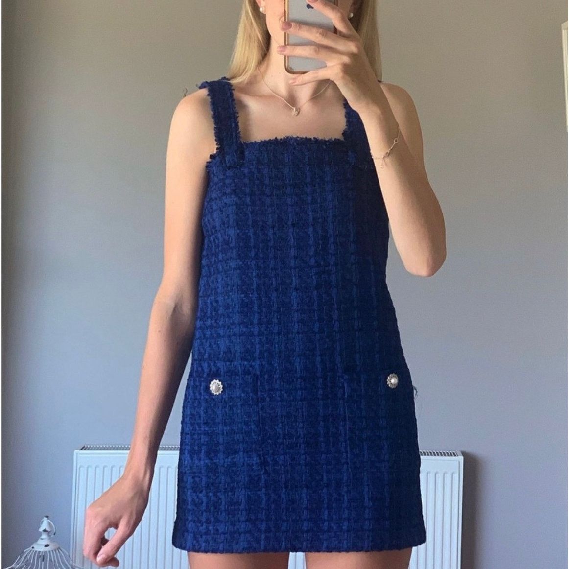 Zara ZARA BLOGGER FAVORITE TEXTURED PINAFORE DRESS BLUE Size XS / US 0-2 / IT 36-38 - 7 Thumbnail
