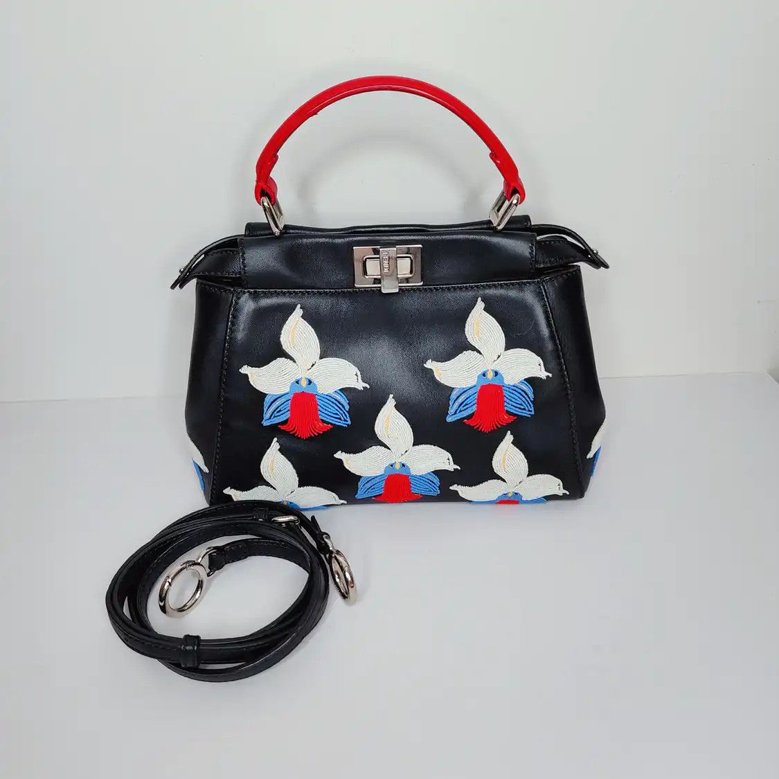 Fendi FENDI Peekaboo mini black cowhide leather embroidery handbag detachable strap Size ONE SIZE - 1 Thumbnail