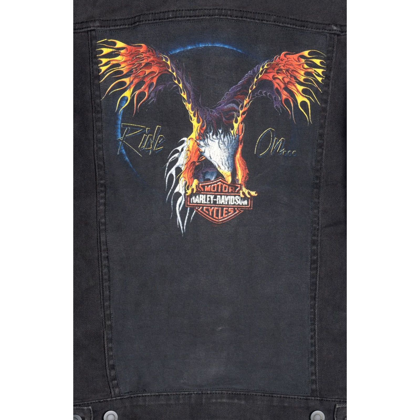 Asos VINTAGE Asos Den im Jacket Upcycled Harley Davidson "Ride On..." Flaming Eagle Back Patch Denim Jacket Size US S / EU 44-46 / 1 - 3 Thumbnail