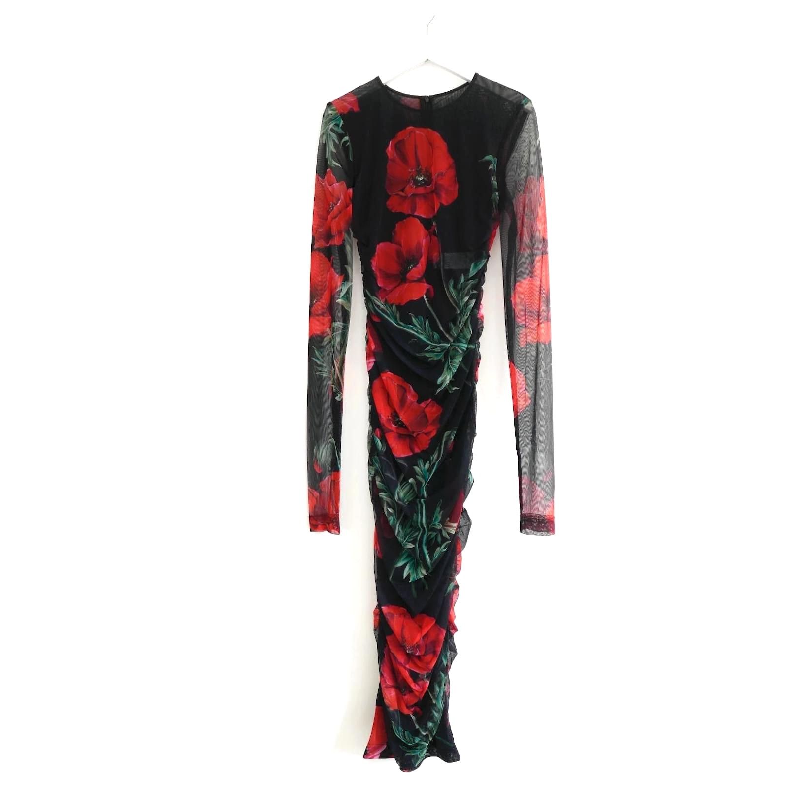 Dolce & Gabbana Dolce & Gabbana Poppy Print Ruched Mesh Midi Dress Size XS / US 0-2 / IT 36-38 - 1 Thumbnail