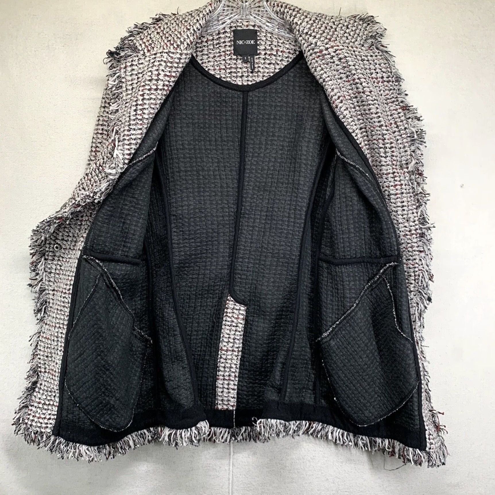 NIC+ZOE NIC+ZOE Women's Tweed Jacket Short Sleeve Fringe Button Fall Winter Casual Business Women's Small Black Grey White Size S / US 4 / IT 40 - 2 Thumbnail