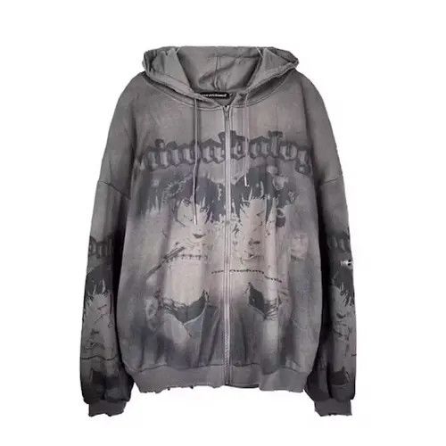image of Vintage Anime Girls Distressed Zip Up Hoodie in Grey, Men's (Size XL)
