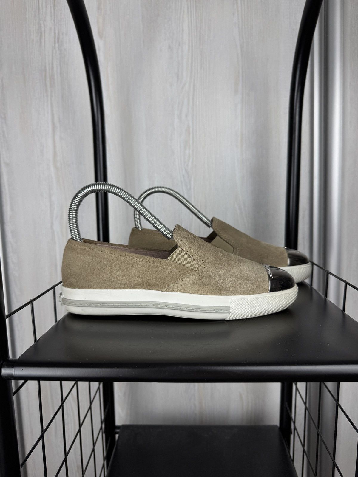 MIU MIU PRADA Beige Suede GRAY TRIM METAL CAP TOE LOAFERS 36